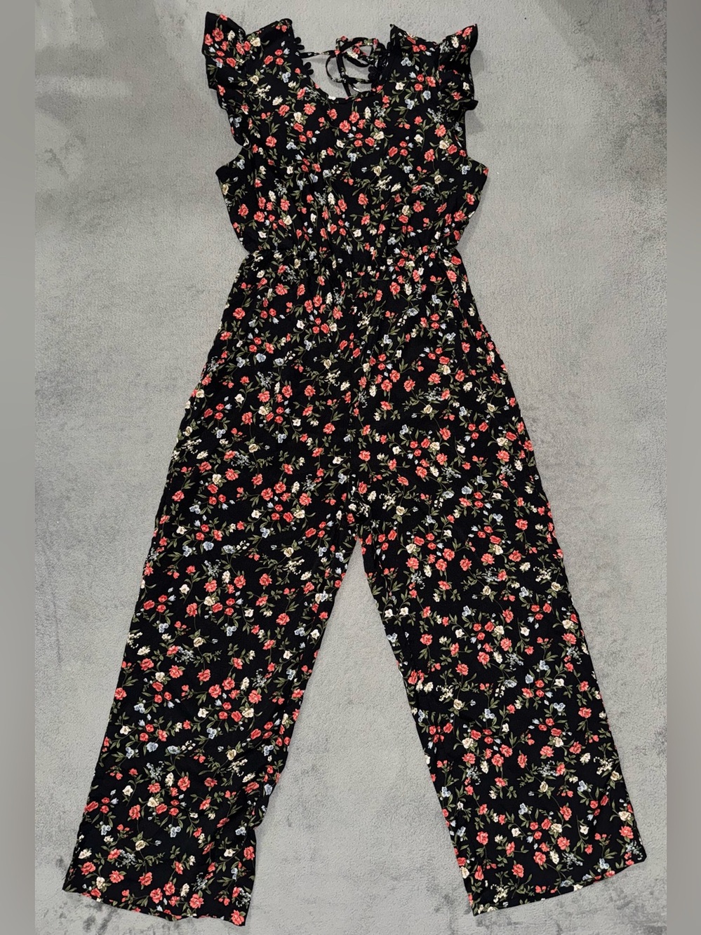 SHEIN Black Floral Wide Leg Jumpsuit Lace Flutter Sleeve Size L